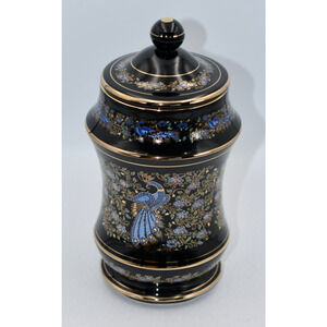 Anapale Greece Back Lidded Canister Jar 24k Gilded Hand Painted Peacock Birds